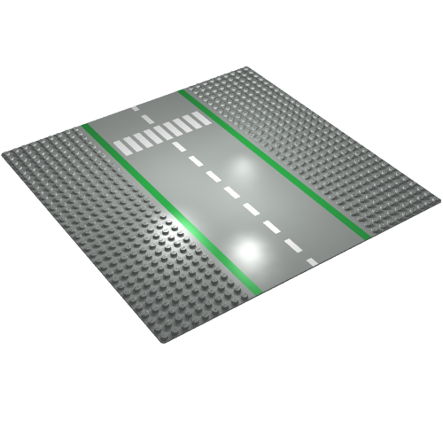 LEGO 606p02 grey 32x32 road baseplate with a straight road, dashed centerline, green borders, and white crosswalk.
