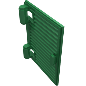 Green LEGO Shutter 1x2x3 with horizontal slats, two hinge cylinders on the left, and a small handle on the right.