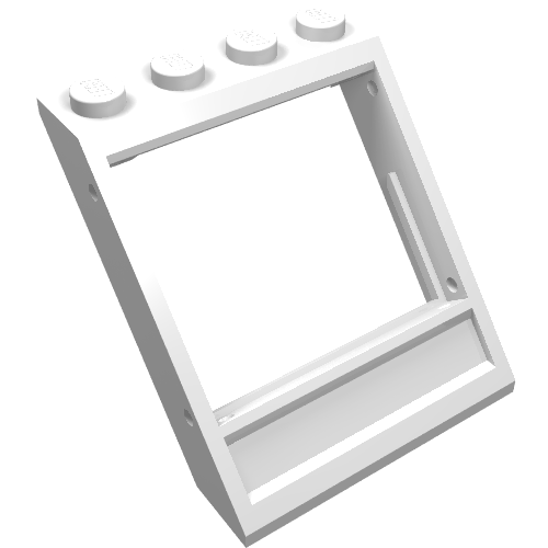 A white LEGO 60806 Window 4 x 4 x 3 Roof with Bottom Panel, featuring four studs on top and a framed opening.