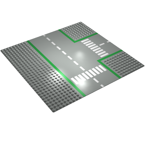 LEGO 608p01 Road Baseplate, 32x32, with a gray T-intersection road pattern, green lines, and white pedestrian crossings.
