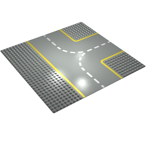 Gray LEGO 32x32 road baseplate showing a T-intersection with yellow lines and textured stud areas for building.