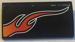 Black LEGO Slope, Curved 2 x 4 x 2/3 with an orange flame pattern, outlined in white, pointing left.