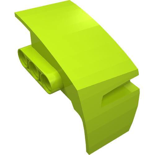 A lime green LEGO Technic part 61071, a left car mudguard panel, featuring three pinholes on the side and a curved shape.