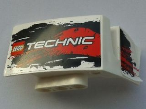White LEGO Technic car mudguard left panel with LEGO TECHNIC logo and black and red stain pattern stickers.