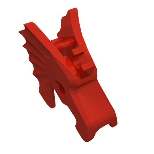 A red LEGO 6125 horse battle helmet, featuring jagged details and a stud attachment point on top.
