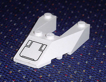 White LEGO 6153bpb01 Wedge 6 x 4 Cutout with Stud Notches, featuring a black panel pattern sticker on a blue background.