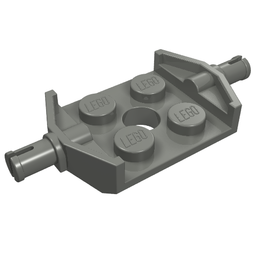 LEGO 6157 dark gray plate, modified 2x2 with wide wheel holder and central axle hole.