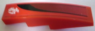 Red LEGO curved slope 4 x 1 piece with white 'SPHERE' logo and black vent pattern.