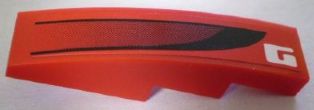 Red LEGO Slope, Curved 4 x 1 with a white 'G' logo and black vent pattern print, part 61678pb010 from Set 8898.