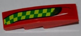 Red LEGO Slope, Curved 4 x 1 with lime and green checkered stripe pattern on the right side.
