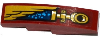 Red curved 4x1 LEGO slope with a gold wing, blue pipe, and gold mechanism pattern on the left side.