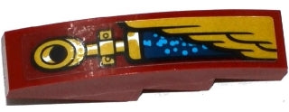 Red LEGO 4x1 curved slope part 61678pb091R, featuring a gold wing, pipe, blue sparkly section, and a gold ring design.