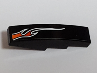 A black LEGO curved slope 4x1 brick with a small orange and red flame pattern on the left side, from set 8164.