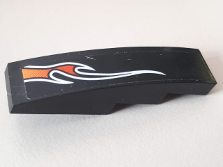 A black LEGO Slope, Curved 4 x 1 with a small orange and red flame pattern outlined in white on the right side.
