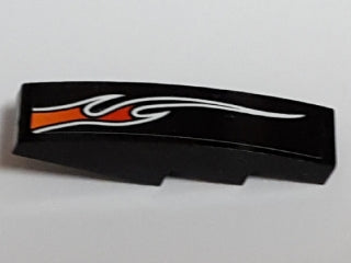 Black LEGO curved slope 4x1 brick with a large orange, red, and white flame pattern on the left side.