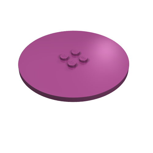 Magenta LEGO 6177 round 8x8 tile with four studs in the center, each embossed with 'LEGO'.