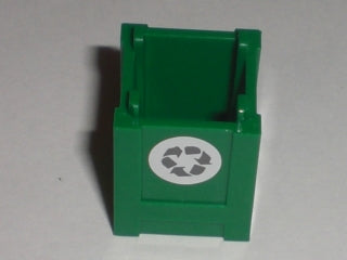 Green LEGO 2x2x2 container box, top opening, with a white recycling arrows sticker on the front side.