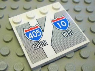 LEGO 6179pb027 - Tile, Modified 4 x 4 with Studs on Edge with Interstate Road Signs '405 SOUTH' and '10 WEST' Pattern (Sticker) - Sets 8147 / 8495