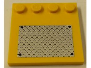 Yellow LEGO 4x4 modified tile with studs on edge, featuring a silver tread plate sticker with 4 black rivets.