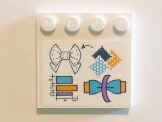 LEGO 6179pb103 white 4x4 tile with studs on edge, featuring a bow sewing template pattern with fabric swatches.