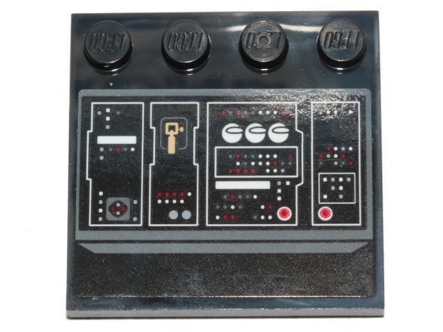Black LEGO 4x4 tile with four studs, printed with a Millennium Falcon control panel pattern featuring buttons and red/white lights.