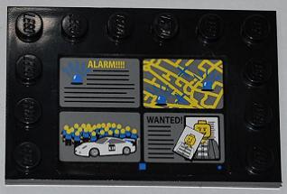 Black LEGO 4x6 tile with four printed panels: 'ALARM!!!!' with blue lights, yellow street map, white car with people, and 'WANTED!' poster.