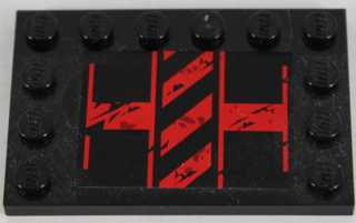 LEGO 6180pb084L - Tile, Modified 4 x 6 with Studs on Edges with Black and Red Danger Stripes Pattern Model Left Side (Sticker) - Set 8864