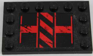 LEGO 6180pb084R - Tile, Modified 4 x 6 with Studs on Edges with Black and Red Danger Stripes Pattern Model Right Side (Sticker) - Set 8864