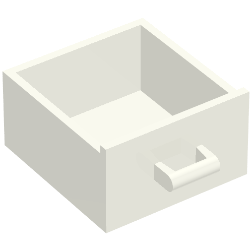 Light gray LEGO 6198 4x4x4 cupboard drawer with an open handle, shown slightly open to reveal its empty interior.