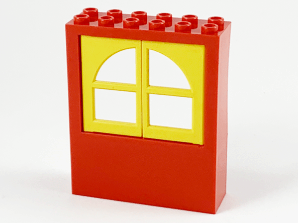 Red LEGO 2x6x6 window brick with two yellow arched window panes and ten red studs on top.
