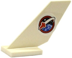 LEGO 6239pb054 tan tail shuttle brick with classic space shuttle logo sticker on one side, depicting a rocket orbiting a globe.
