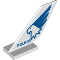 LEGO white tail shuttle part with grey base, printed with blue 'POLICE' text and an eagle head with wing design.