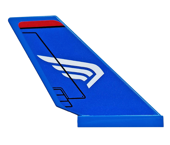 Blue LEGO tail shuttle piece, right side, with white wing logo, black lines, and red stripe at top.