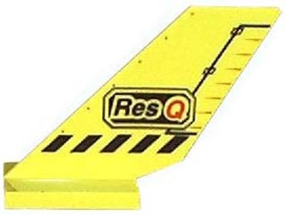 Yellow LEGO shuttle tail piece with black 'Res Q' logo, diagonal measurement line, and black warning stripes.