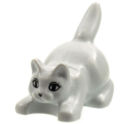 Light gray LEGO cat figure crouching with a raised tail. It features black eyes with eyelashes and a small black nose.