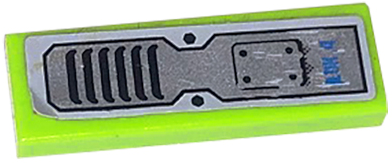 Lime green LEGO 1x3 tile with metallic grey sticker featuring 'LOK 4' text, vent pattern, and tech details.