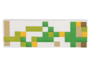 White LEGO 1x3 tile with a pixelated pattern in green, lime, tan, and yellow, depicting a Minecraft Iron Golem.