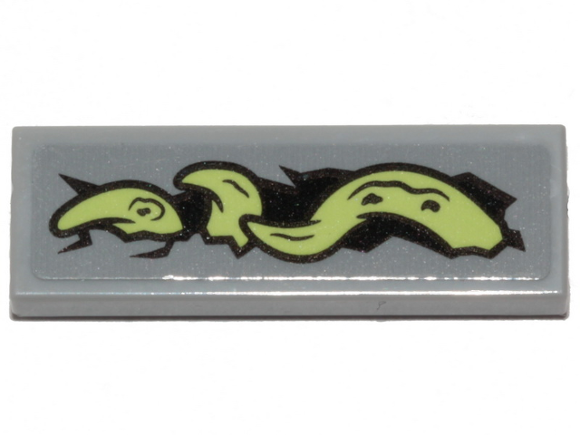 Light gray LEGO 1x3 tile with a yellowish-green, black-outlined tentacle pattern on a dark background.
