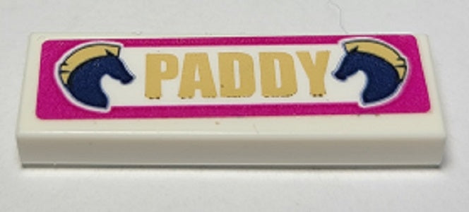 LEGO 63864pb161 - Tile 1 x 3 with 'PADDY' and 2 Dark Blue Horses Pattern (Sticker) - Set 41367