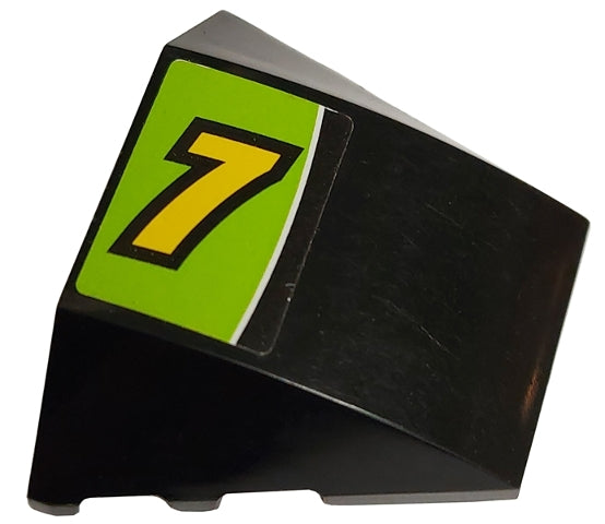 Black LEGO Wedge 4x3 Triple Curved with yellow number 7 and white line on lime green sticker.
