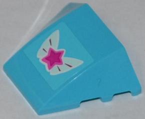Medium azure LEGO 4x3 triple curved wedge brick with a magenta star on light blue wings pattern.