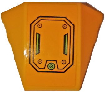 Orange LEGO 4x3 triple curved wedge part with a black octagonal hatch and lime green screw and vents pattern.