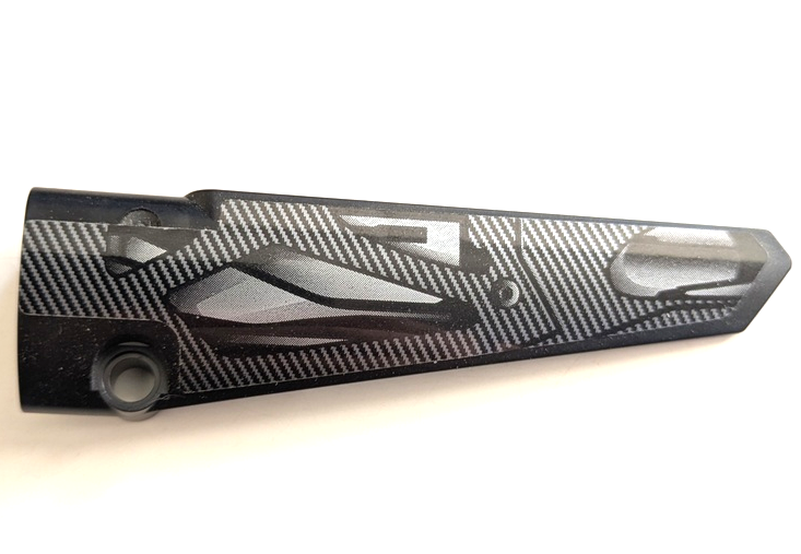 Black LEGO Technic Panel Fairing 6, smooth, with silver carbon fiber and air vents sticker pattern.