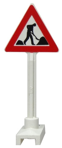 LEGO road sign featuring a red-bordered triangle with a worker shoveling dirt between two piles on a white pole and base.