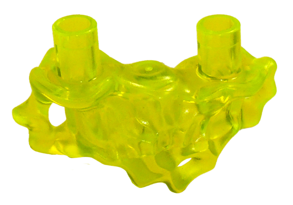 Translucent neon yellow LEGO shoulders extension piece in a slime shape, featuring two head studs on top.