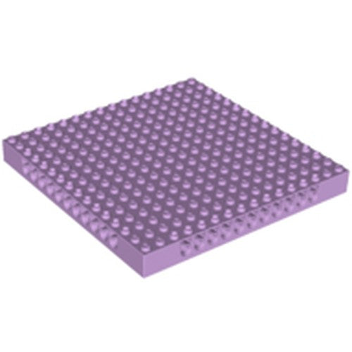 Lavender LEGO Technic 65803 Brick 16 x 16 x 1 1/3 with studs on top and holes on the sides, angled view.