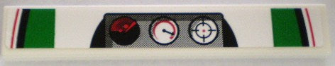 LEGO 1x6 white tile with printed gauges (red, needle, crosshair) and green, black, red stripes on ends.