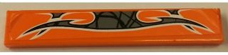 Orange LEGO 1x6 tile, 6636pb109, with a black and silver pattern sticker. Part of set 8162.