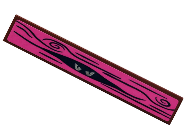 LEGO 1x6 dark pink tile with black sticker featuring wood grain pattern and two light-colored eyes peeking from a dark slit.