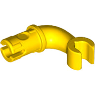A single yellow LEGO part, an arm and hand long with a pin connector on one end and a clip on the other.